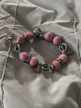 Pink Bead Charm Bracelet with Blue Accent Beads